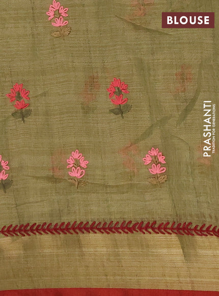 Linen saree light green and maroon with embroidery buttas and embroidery pallu