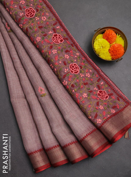 Linen saree pastel purple and maroon with embroidery buttas and embroidery pallu