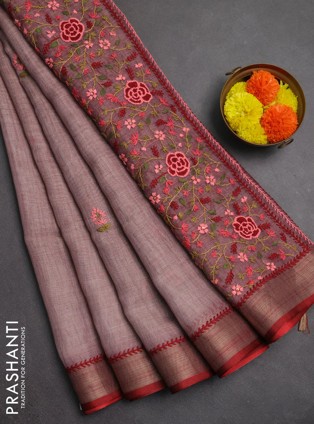 Linen saree pastel purple and maroon with embroidery buttas and embroidery pallu