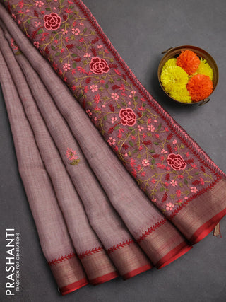 Linen saree pastel purple and maroon with embroidery buttas and embroidery pallu