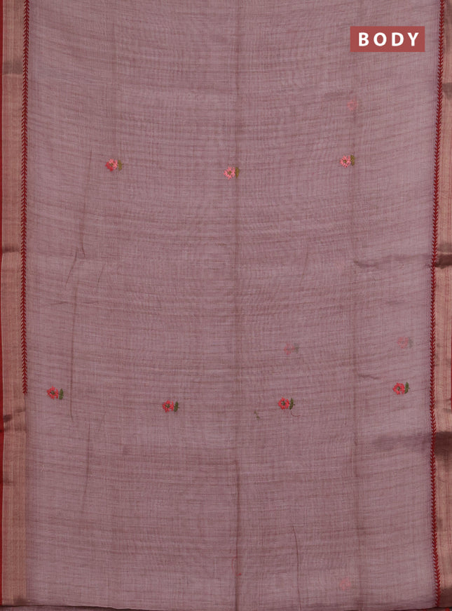 Linen saree pastel purple and maroon with embroidery buttas and embroidery pallu
