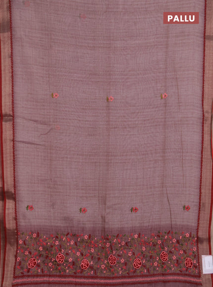 Linen saree pastel purple and maroon with embroidery buttas and embroidery pallu