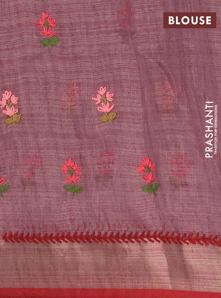 Linen saree pastel purple and maroon with embroidery buttas and embroidery pallu