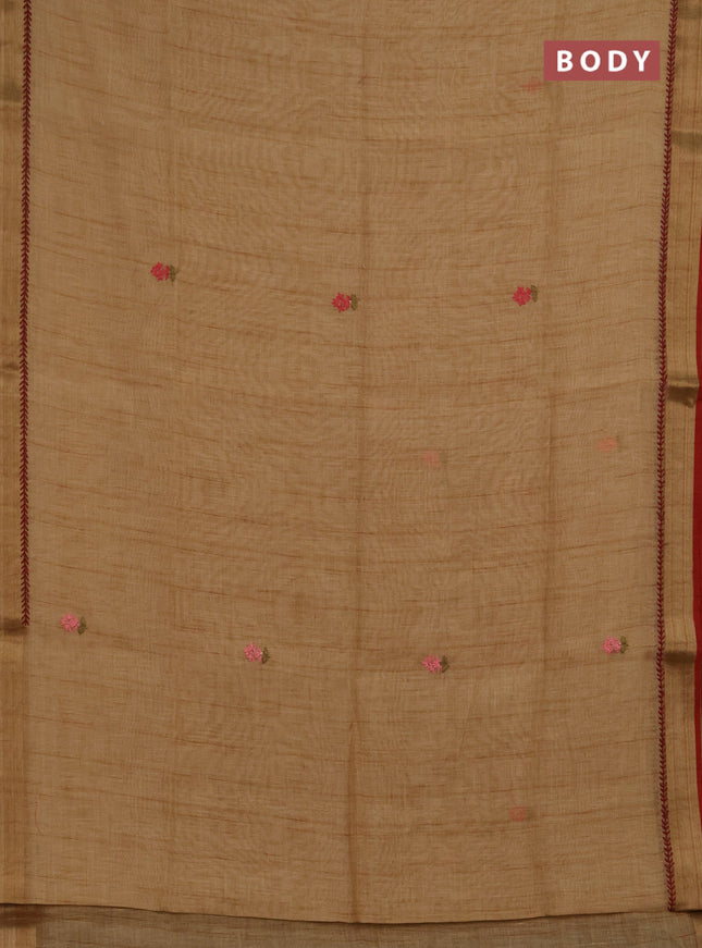 Linen saree dark mustard and maroon with embroidery buttas and embroidery pallu