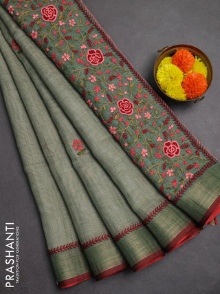 Linen saree pastel green and maroon with embroidery buttas and embroidery pallu
