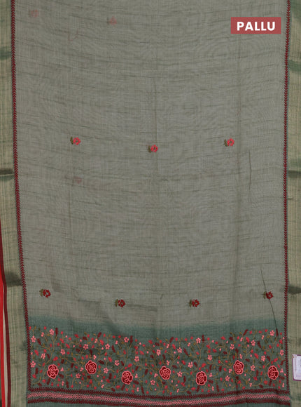 Linen saree pastel green and maroon with embroidery buttas and embroidery pallu