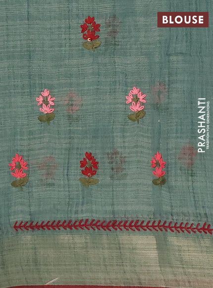 Linen saree pastel green and maroon with embroidery buttas and embroidery pallu