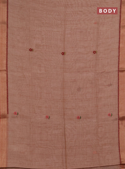 Linen saree rust shade and maroon with embroidery buttas and embroidery pallu