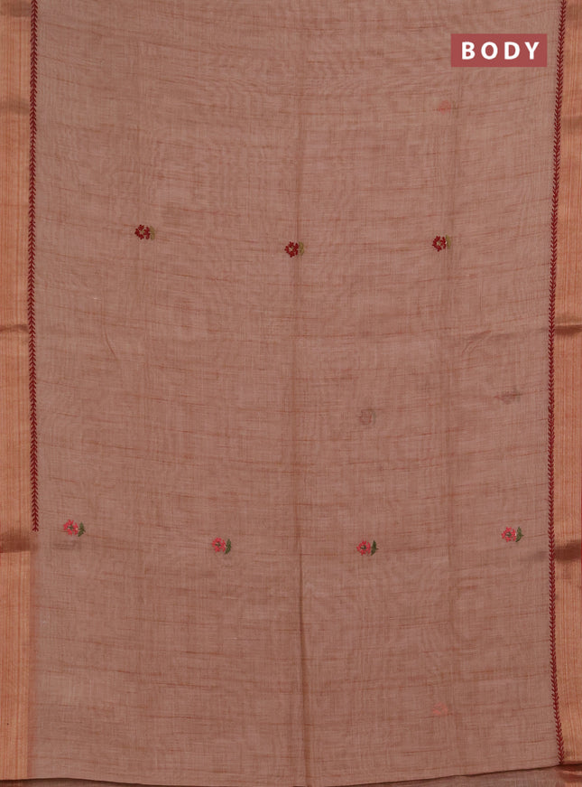 Linen saree rust shade and maroon with embroidery buttas and embroidery pallu