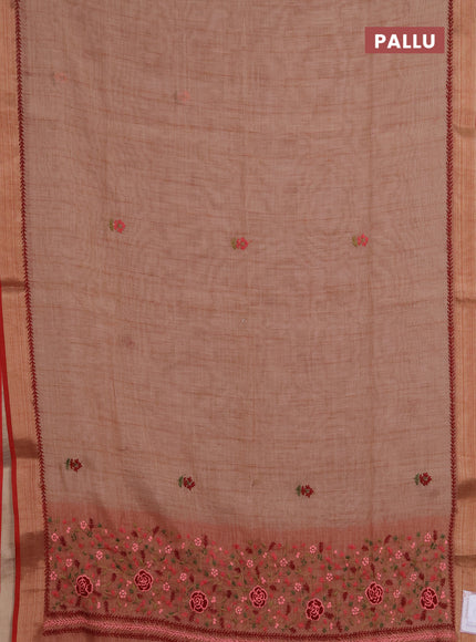 Linen saree rust shade and maroon with embroidery buttas and embroidery pallu