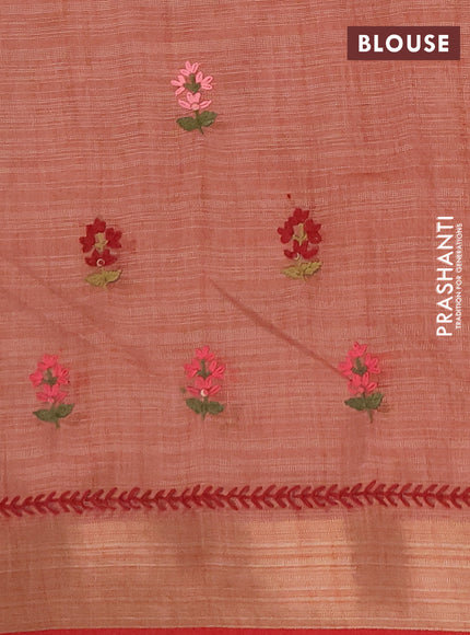 Linen saree rust shade and maroon with embroidery buttas and embroidery pallu