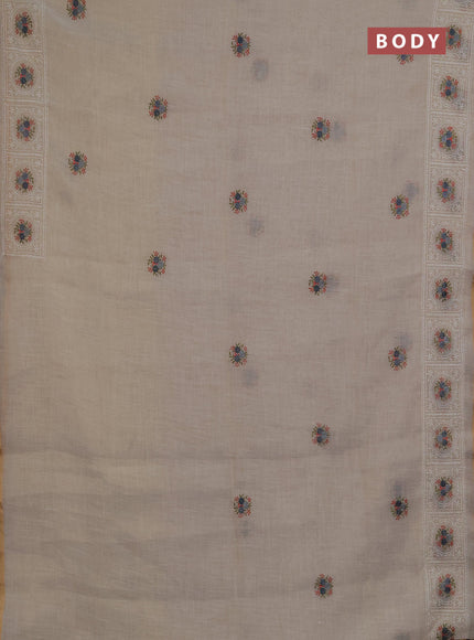 Linen saree beige and grey with embroidery buttas and embroidery pallu