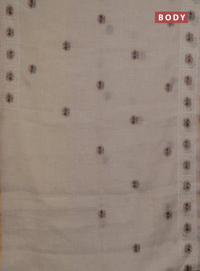 Linen saree beige and grey with embroidery buttas and embroidery pallu