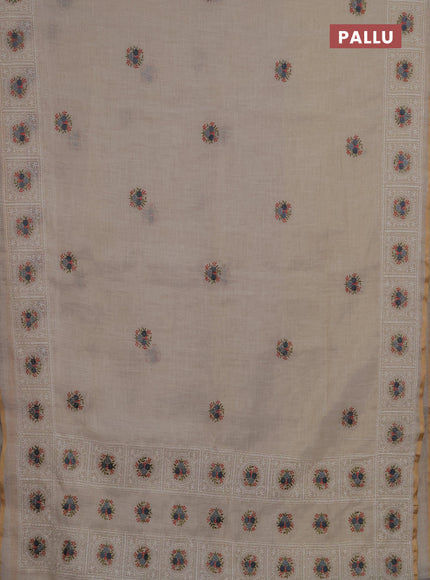Linen saree beige and grey with embroidery buttas and embroidery pallu
