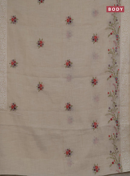 Linen saree beige and peach shade with embroidery buttas and embroidery pallu & border