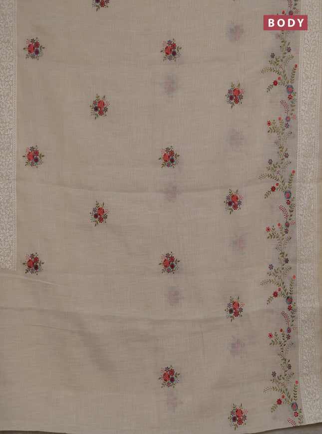 Linen saree beige and peach shade with embroidery buttas and embroidery pallu & border