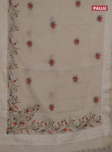 Linen saree beige and peach shade with embroidery buttas and embroidery pallu & border