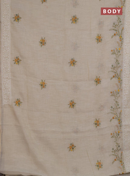 Linen saree beige and teal green with embroidery buttas and embroidery pallu & border