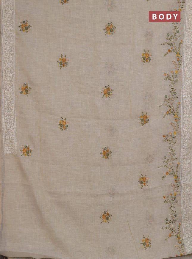 Linen saree beige and teal green with embroidery buttas and embroidery pallu & border
