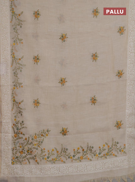 Linen saree beige and teal green with embroidery buttas and embroidery pallu & border