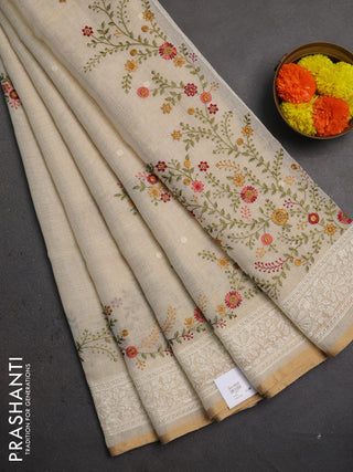 Linen saree beige and maroon with embroidery buttas and embroidery pallu & border