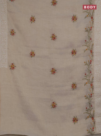 Linen saree beige and maroon with embroidery buttas and embroidery pallu & border