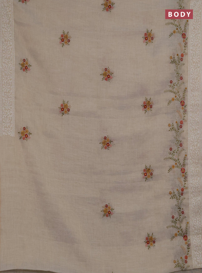 Linen saree beige and maroon with embroidery buttas and embroidery pallu & border