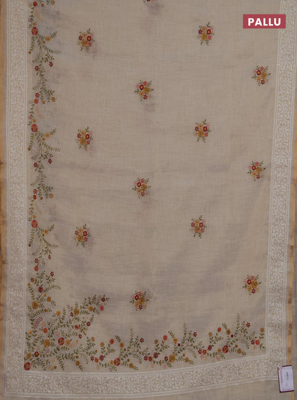 Linen saree beige and maroon with embroidery buttas and embroidery pallu & border