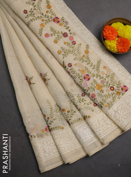 Linen saree beige and wine shade with embroidery buttas and embroidery pallu & border