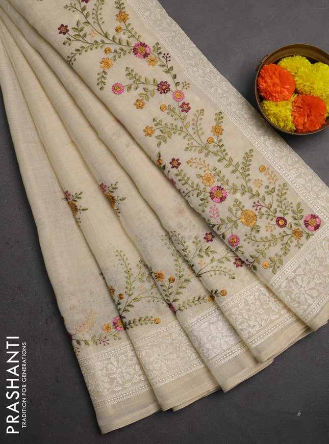 Linen saree beige and wine shade with embroidery buttas and embroidery pallu & border