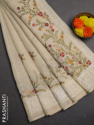 Linen saree beige and wine shade with embroidery buttas and embroidery pallu & border