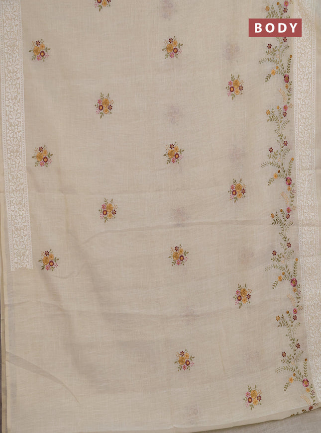 Linen saree beige and wine shade with embroidery buttas and embroidery pallu & border