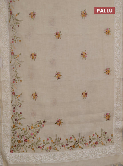Linen saree beige and wine shade with embroidery buttas and embroidery pallu & border