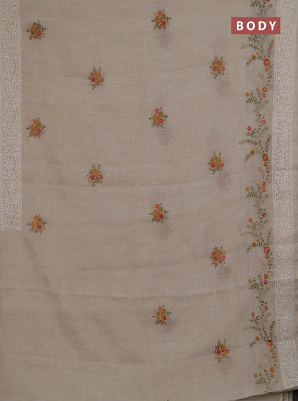 Linen saree beige and peach shade with embroidery buttas and embroidery pallu & border