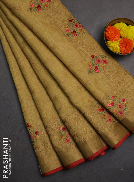 Linen saree mustard shade and maroon with allover embroidery weaves and embroidery pallu & border