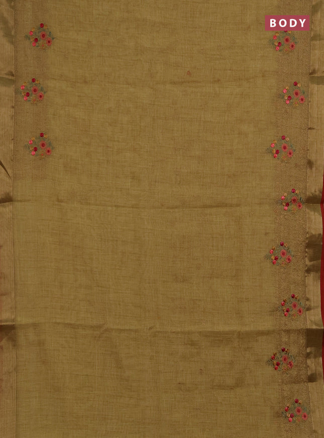 Linen saree mustard shade and maroon with allover embroidery weaves and embroidery pallu & border