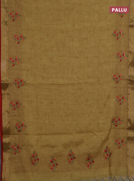 Linen saree mustard shade and maroon with allover embroidery weaves and embroidery pallu & border