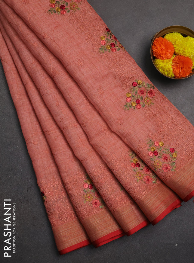 Linen saree peach shade and maroon with allover embroidery weaves and embroidery pallu & border