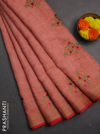 Linen saree peach shade and maroon with allover embroidery weaves and embroidery pallu & border