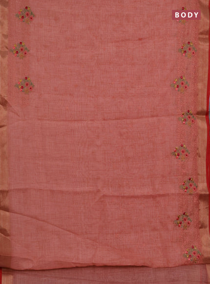 Linen saree peach shade and maroon with allover embroidery weaves and embroidery pallu & border