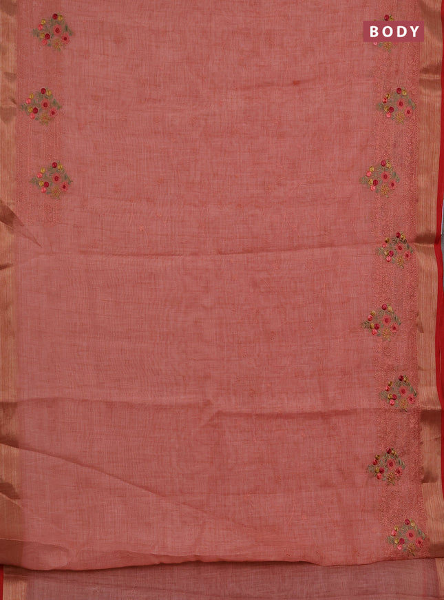 Linen saree peach shade and maroon with allover embroidery weaves and embroidery pallu & border