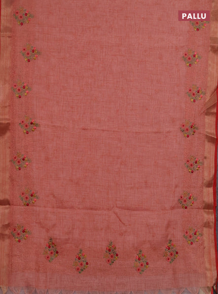 Linen saree peach shade and maroon with allover embroidery weaves and embroidery pallu & border