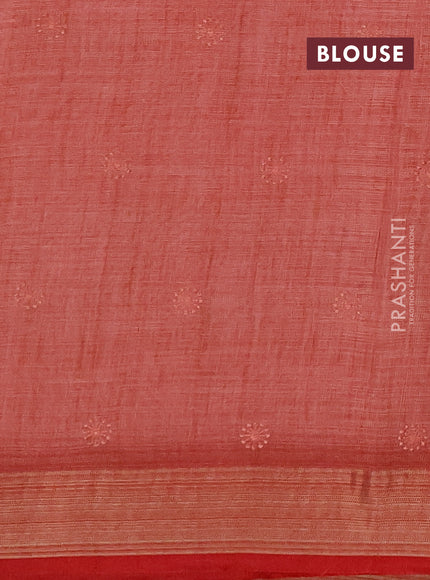 Linen saree peach shade and maroon with allover embroidery weaves and embroidery pallu & border