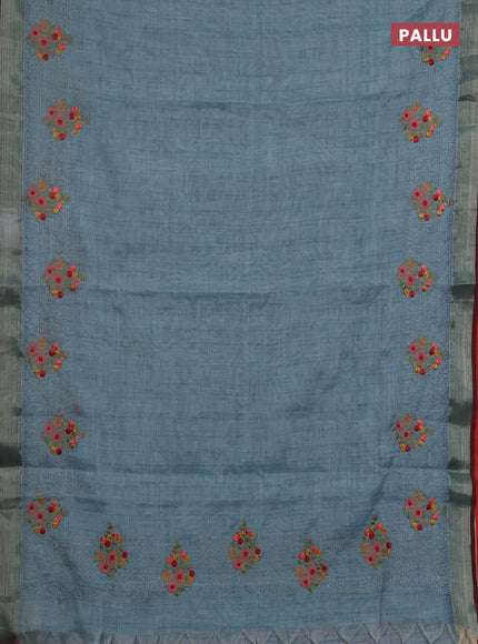 Linen saree pastel blue and maroon with allover embroidery weaves and embroidery pallu & border