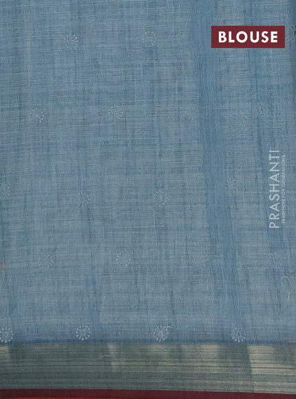 Linen saree pastel blue and maroon with allover embroidery weaves and embroidery pallu & border