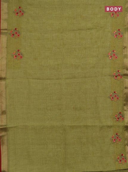 Linen saree light green and maroon with allover embroidery weaves and embroidery pallu & border