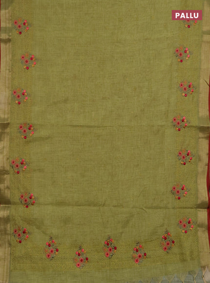 Linen saree light green and maroon with allover embroidery weaves and embroidery pallu & border
