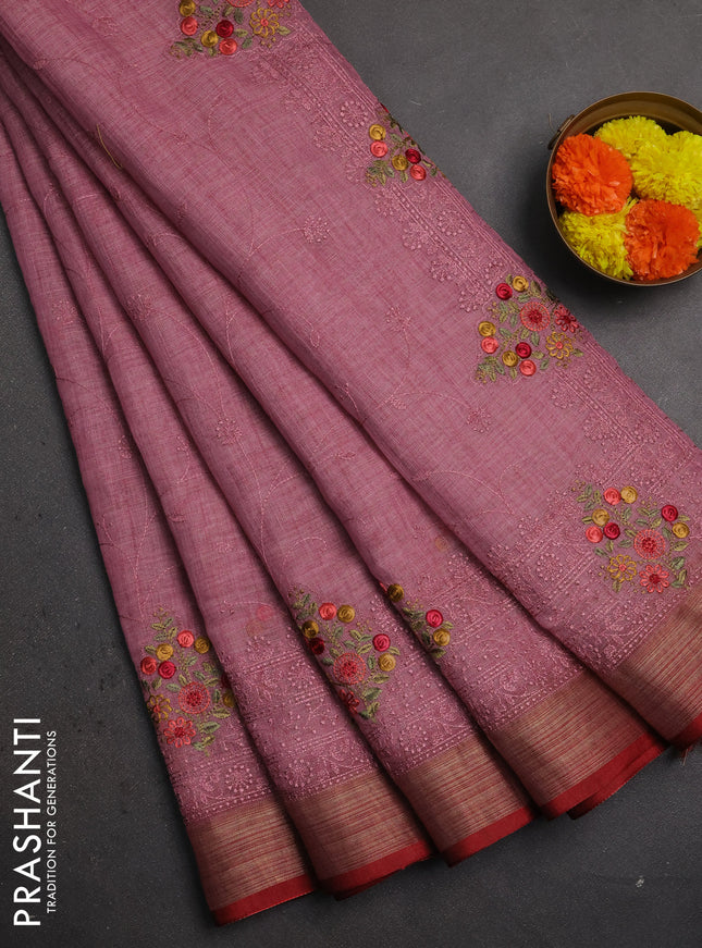 Linen saree pastel pink and maroon with allover embroidery weaves and embroidery pallu & border