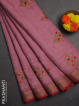 Linen saree pastel pink and maroon with allover embroidery weaves and embroidery pallu & border