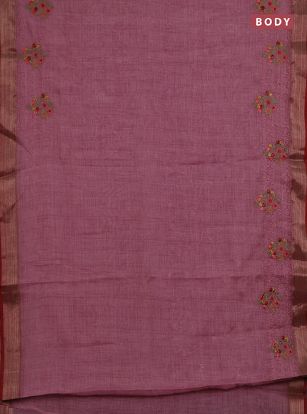 Linen saree pastel pink and maroon with allover embroidery weaves and embroidery pallu & border